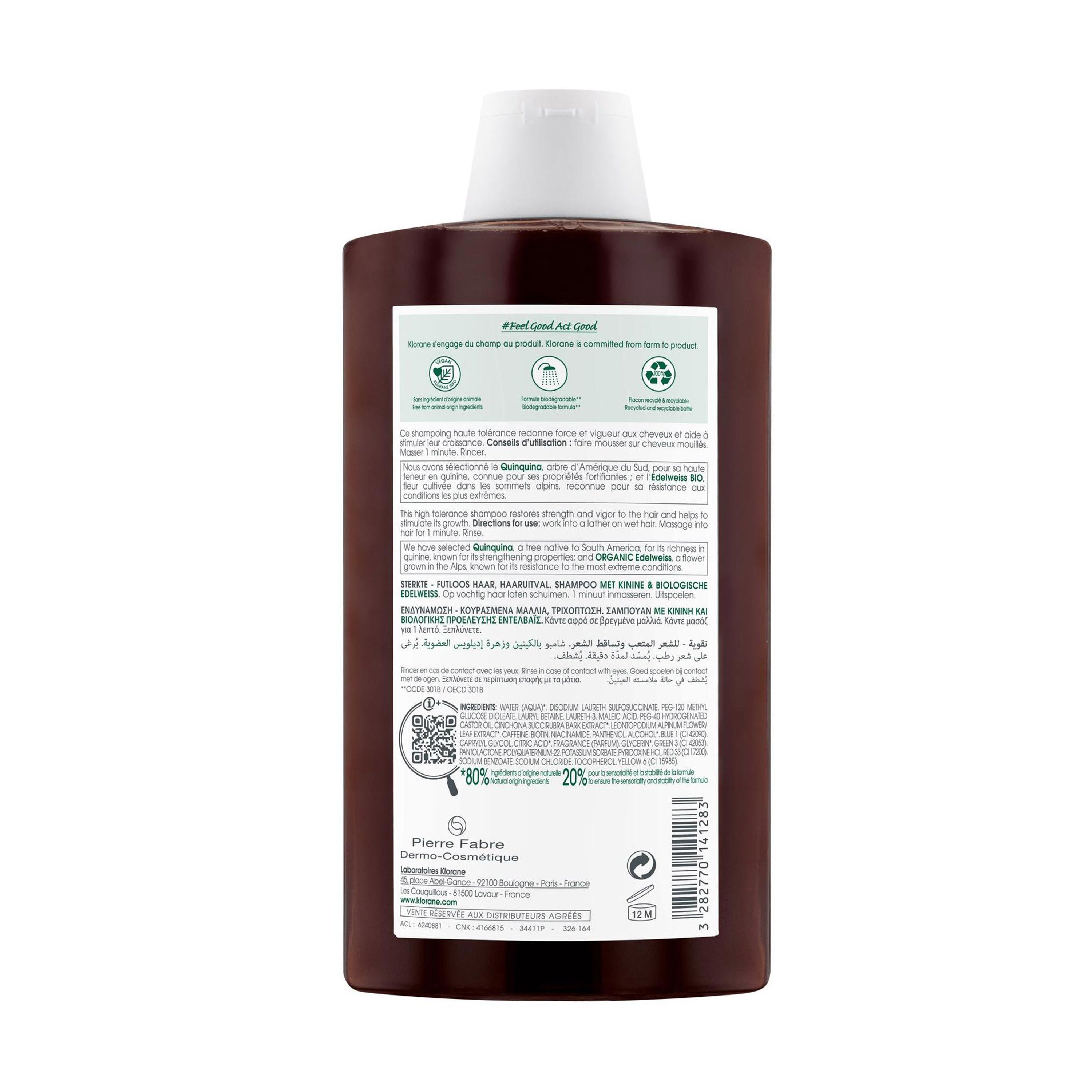 Klorane Strengthening Shampoo with Quinine and Organic Edelweiss for Thinning & Tired Hair 400ml