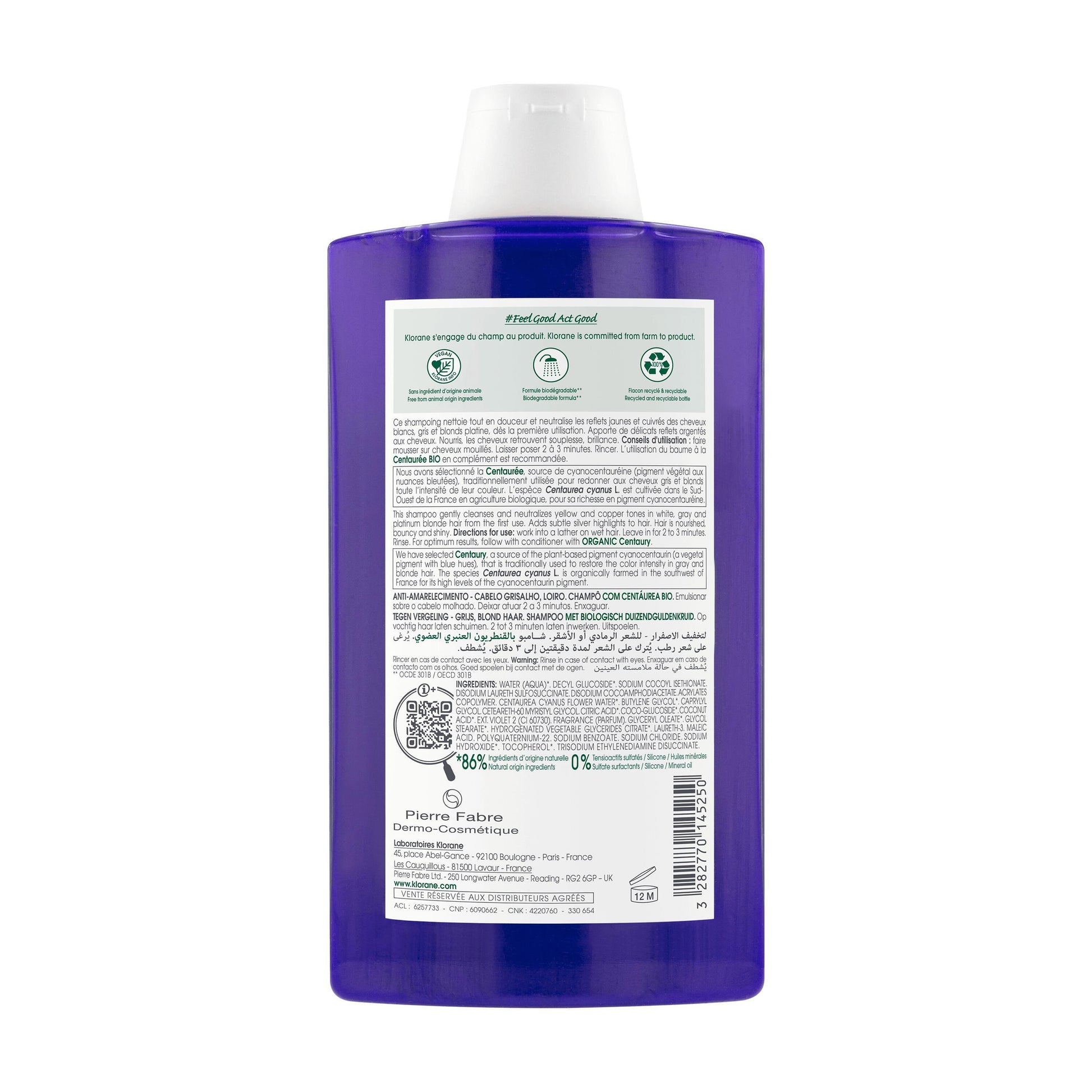 Klorane Anti-yellowing Shampoo with Organic Centaury for Grey & Blonde Hair 400ml
