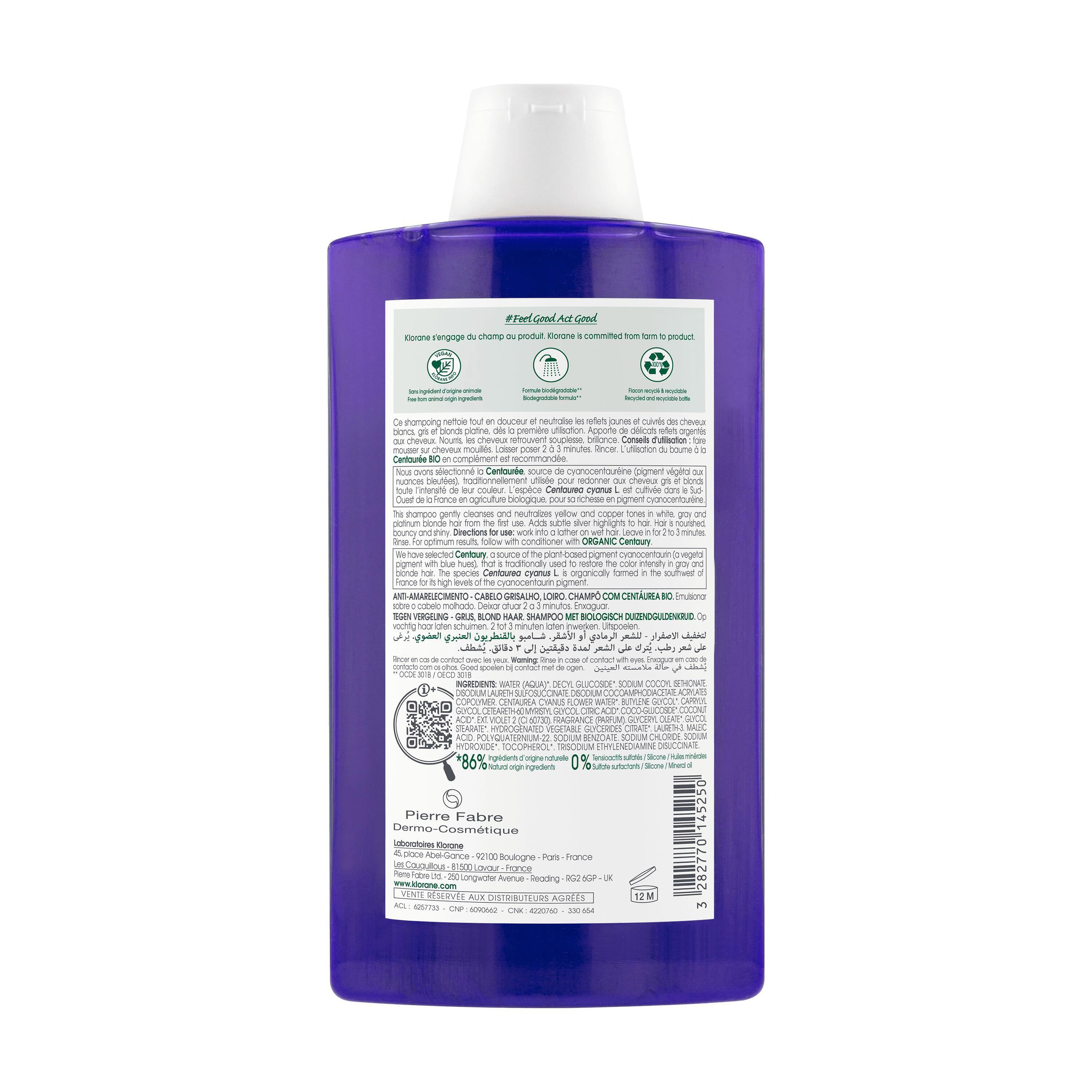 Klorane Anti-yellowing Shampoo with Organic Centaury for Grey & Blonde Hair 400ml