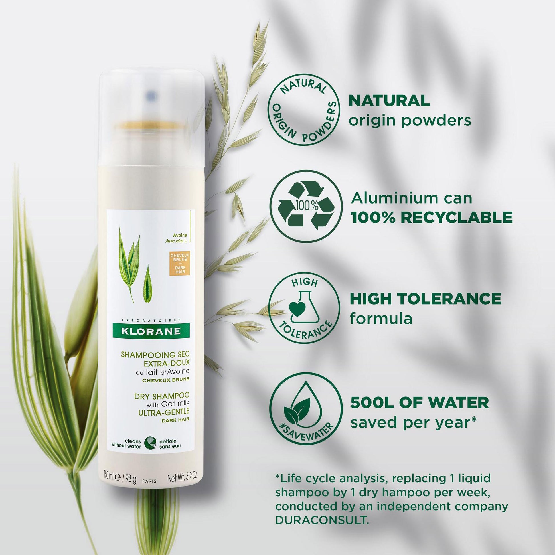 Klorane Extra-Gentle Dry shampoo with Oat milk for Tinted for Brown to Dark Hair 150ml