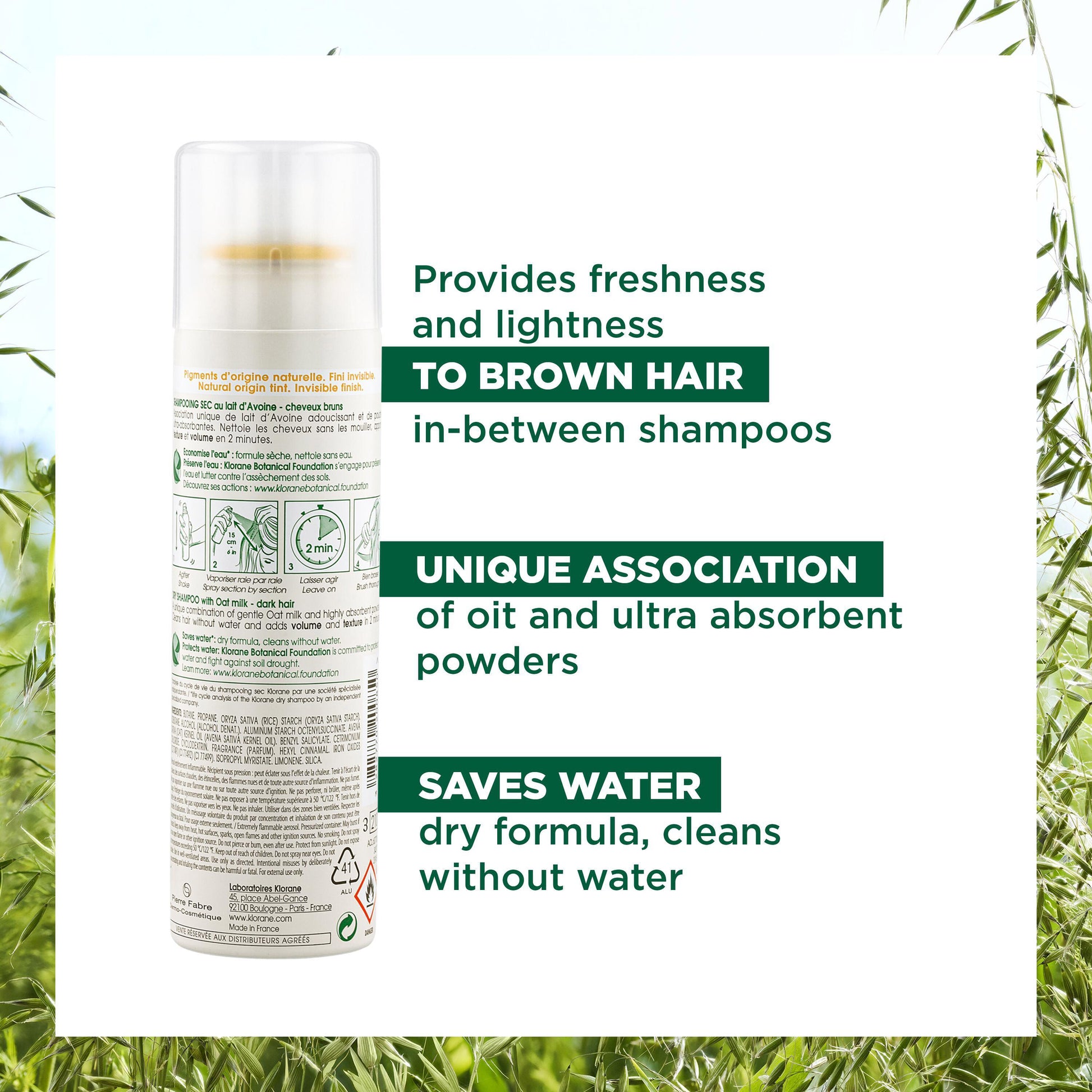 Klorane Extra-Gentle Dry shampoo with Oat milk for Tinted for Brown to Dark Hair 150ml