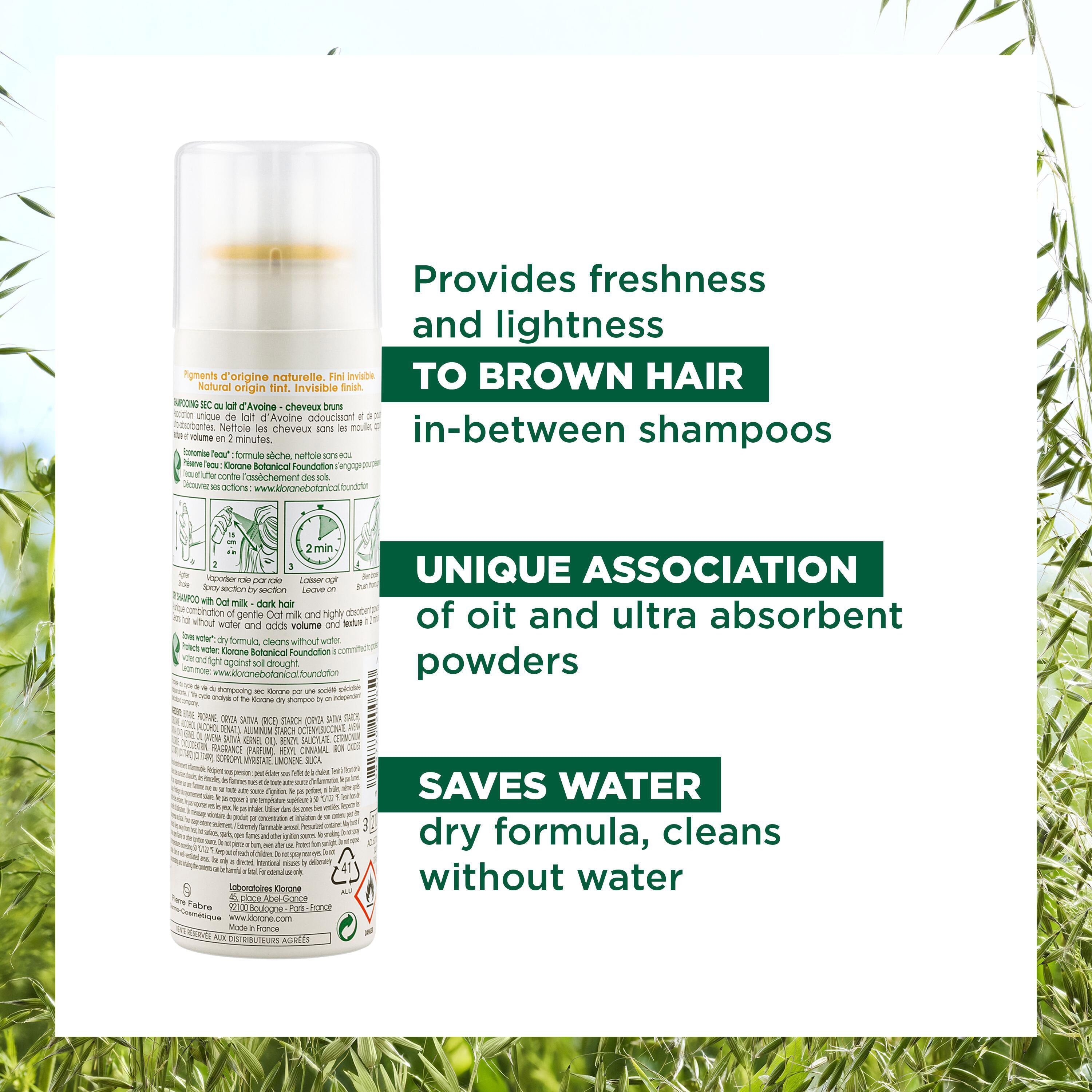 Klorane Extra-Gentle Dry shampoo with Oat milk for Tinted for Brown to Dark Hair 150ml