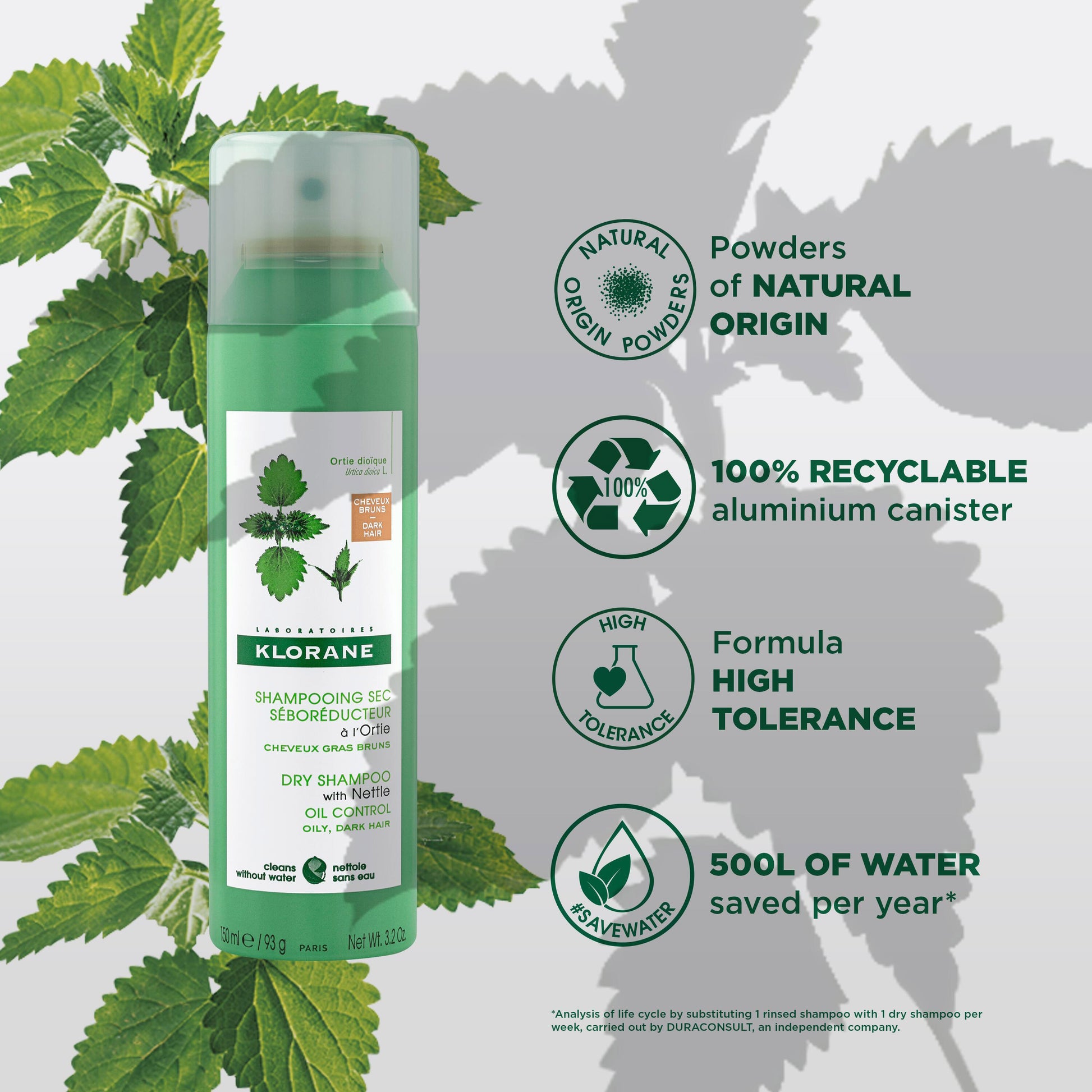 Klorane Oil Control Dry Shampoo with Nettle for Tinted for Oily Dark Hair 150ml