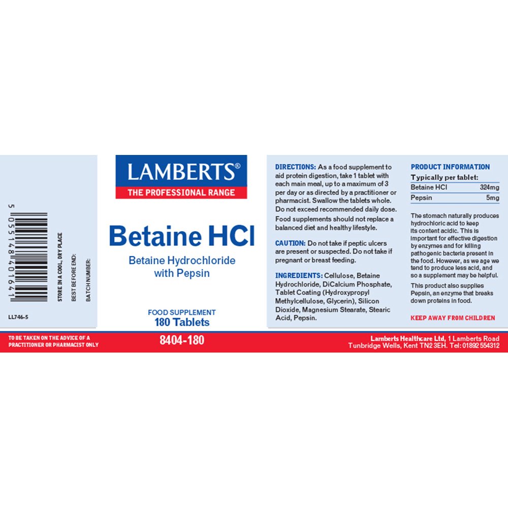 Lamberts Health Care Betaine HCl 324mg /Pepsin 5mg
