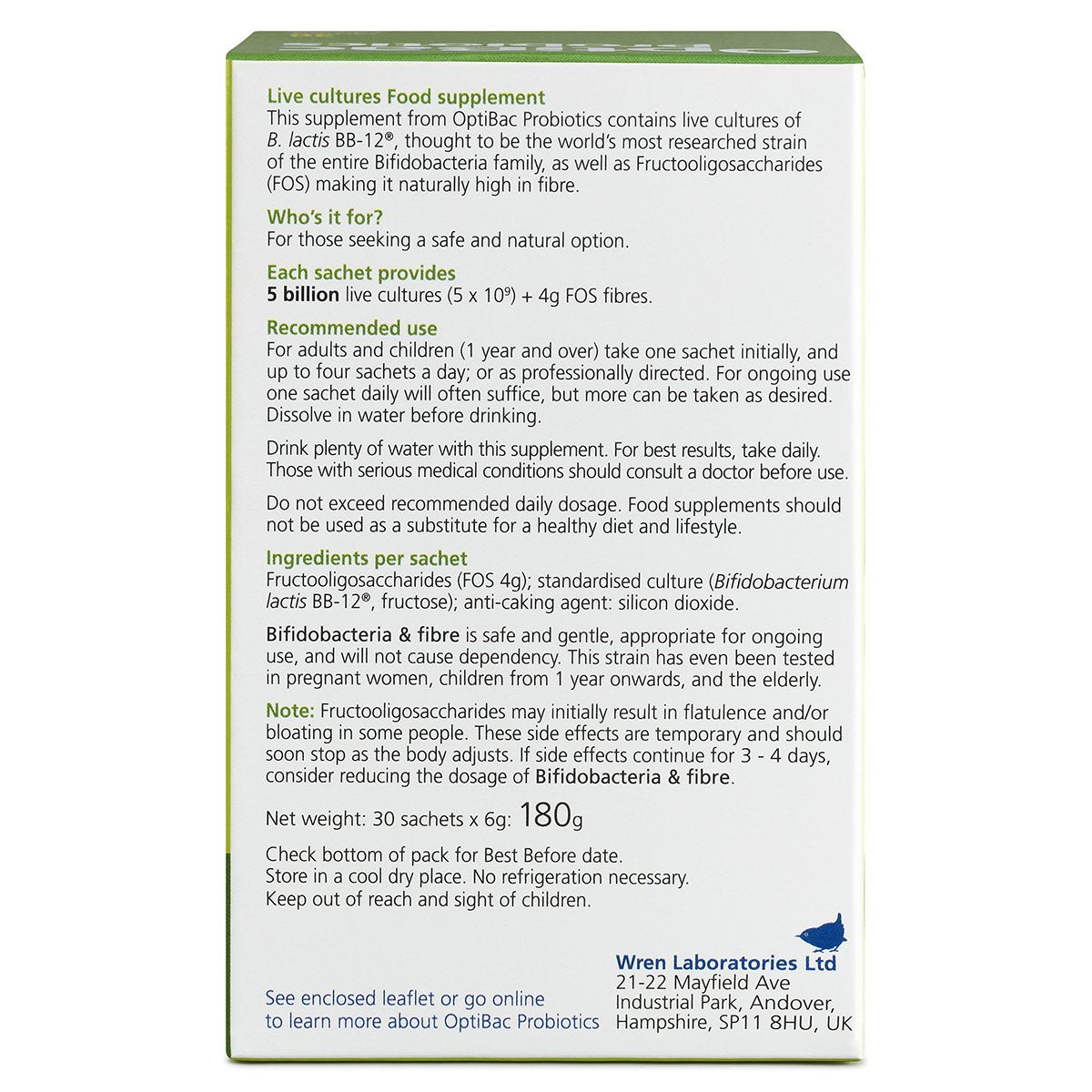 OptiBac Probiotics Bifidobacteria & Fibre 30 Sachets