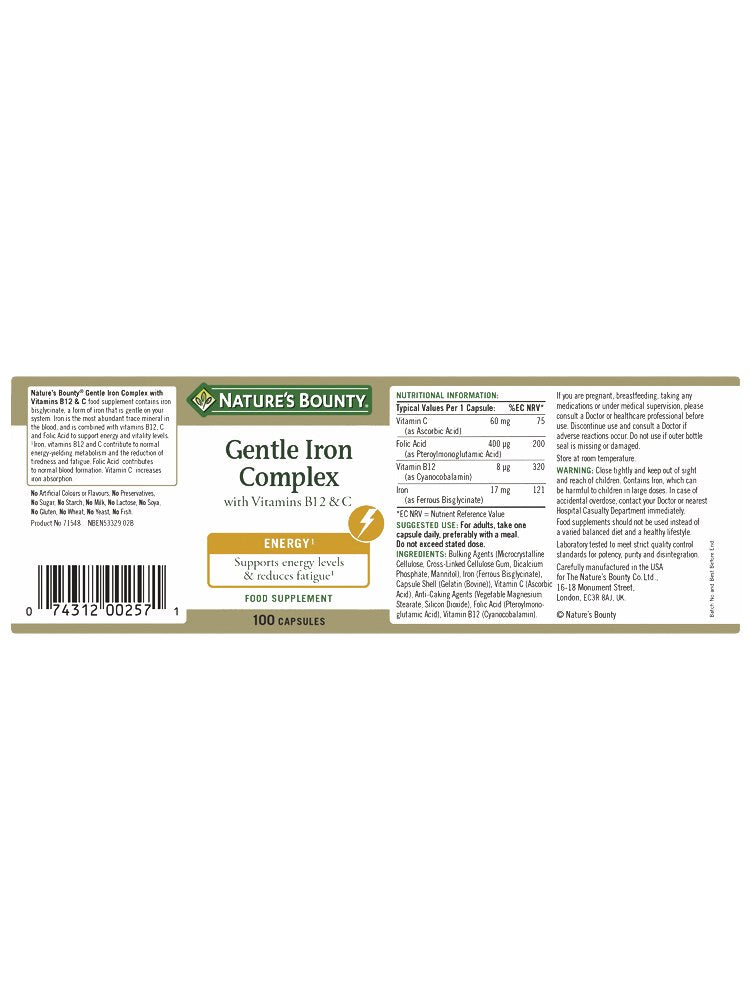 Nature's Bounty Gentle Iron Complex with Vitamins B12 & C