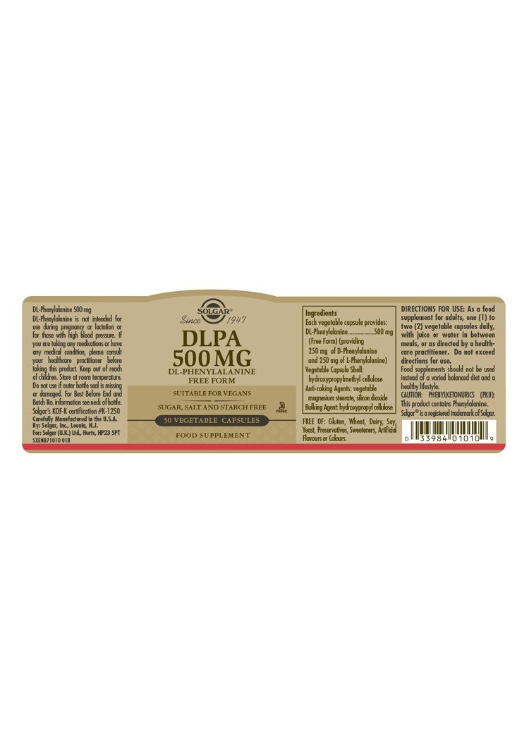 Solgar DLPA DL-Phenylaline 500 mg Vegetable Capsules