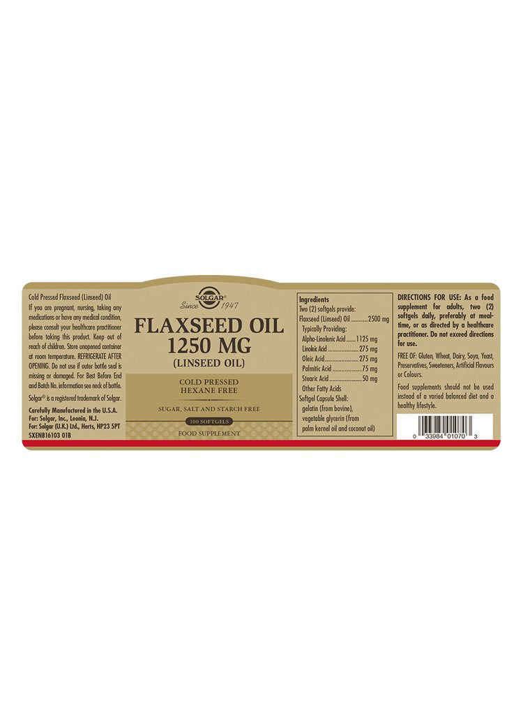 Solgar Cold Pressed Flaxseed Oil 1250 mg Softgels