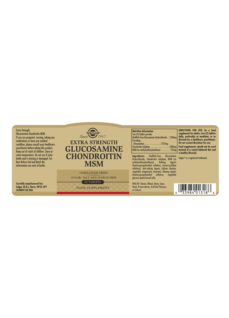 Solgar Extra Strength Glucosamine Chondroitin MSM Tablets (Shellfish-Free)