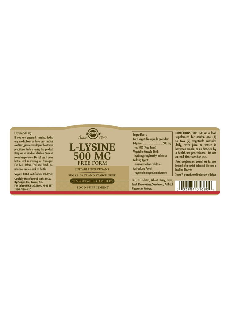 Solgar L-Lysine 500 mg Vegetable Capsules