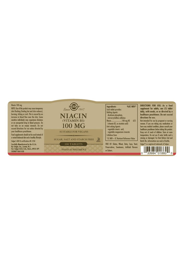 Solgar Niacin 100 mg (Vitamin B3) Tablets 