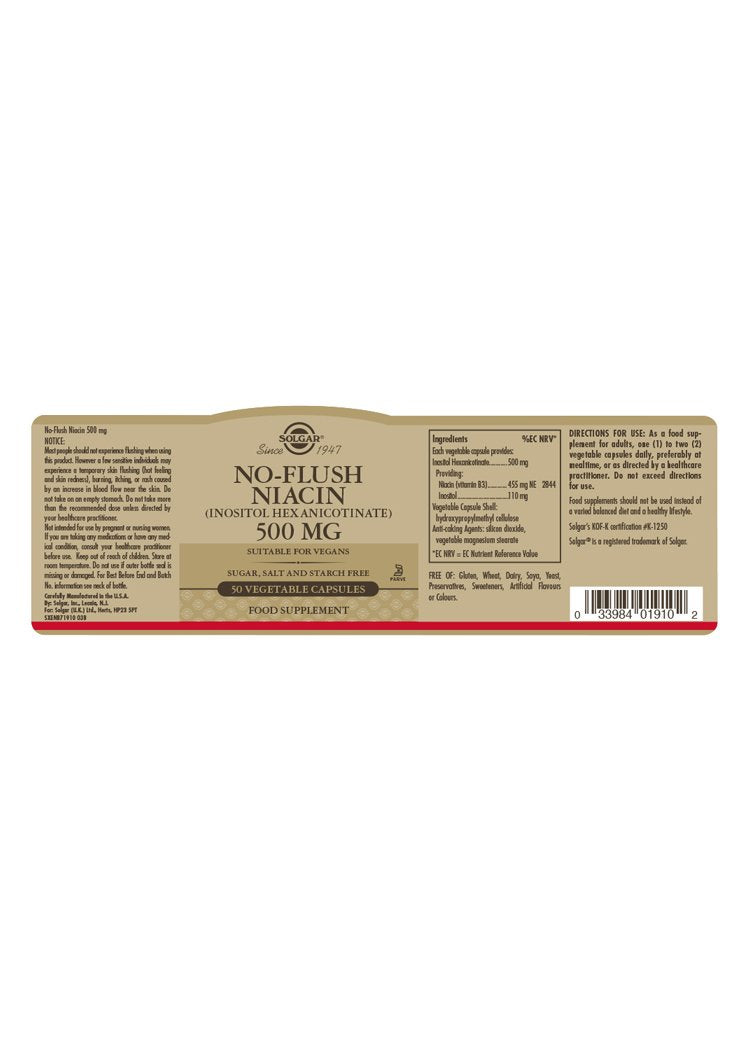 Solgar No-Flush Niacin 500 mg (Inositol Hexanicotinate) Vegetable Capsules