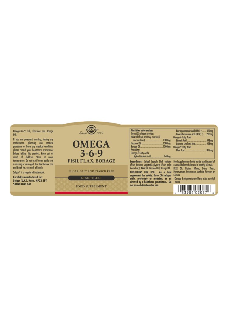 Solgar Omega 3-6-9 Fish, Flax, Borage Softgels