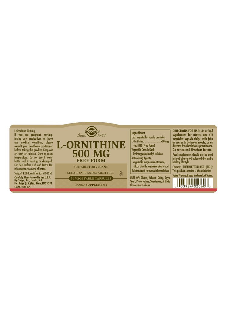 Solgar L-Ornithine 500 mg Vegetable Capsules