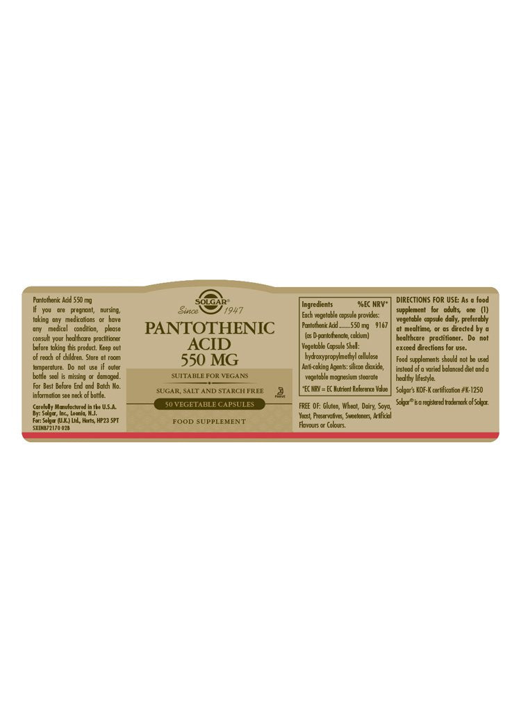 Solgar Pantothenic Acid 550 mg Vegetable Capsules