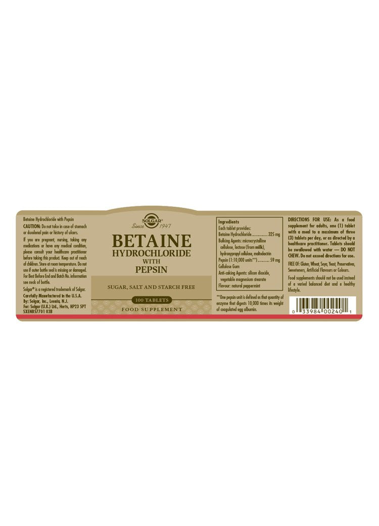 Solgar Betaine Hydrochloride with Pepsin Tablets