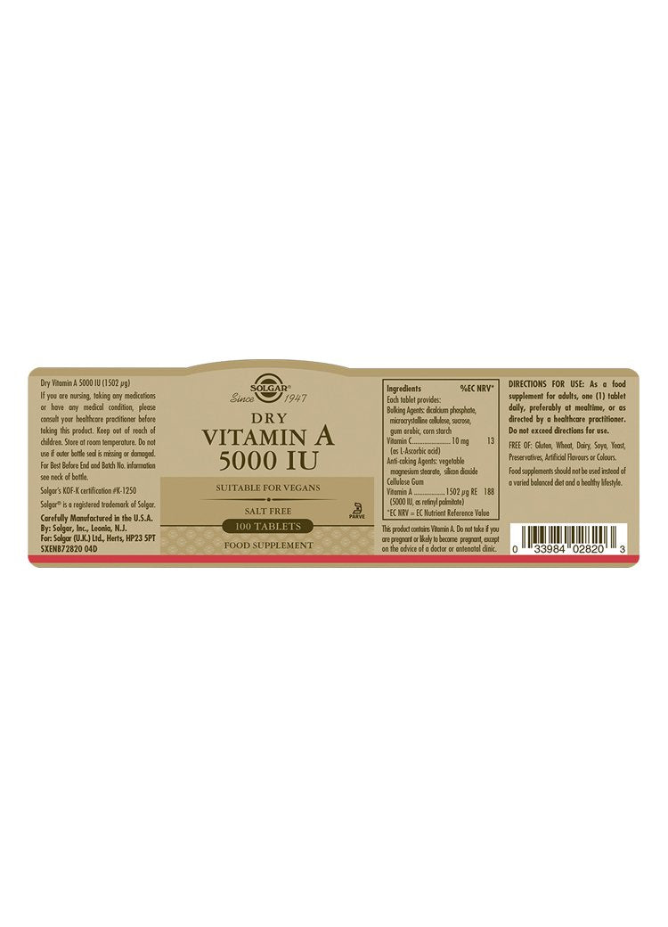 Solgar Dry Vitamin A 5000 IU Tablets