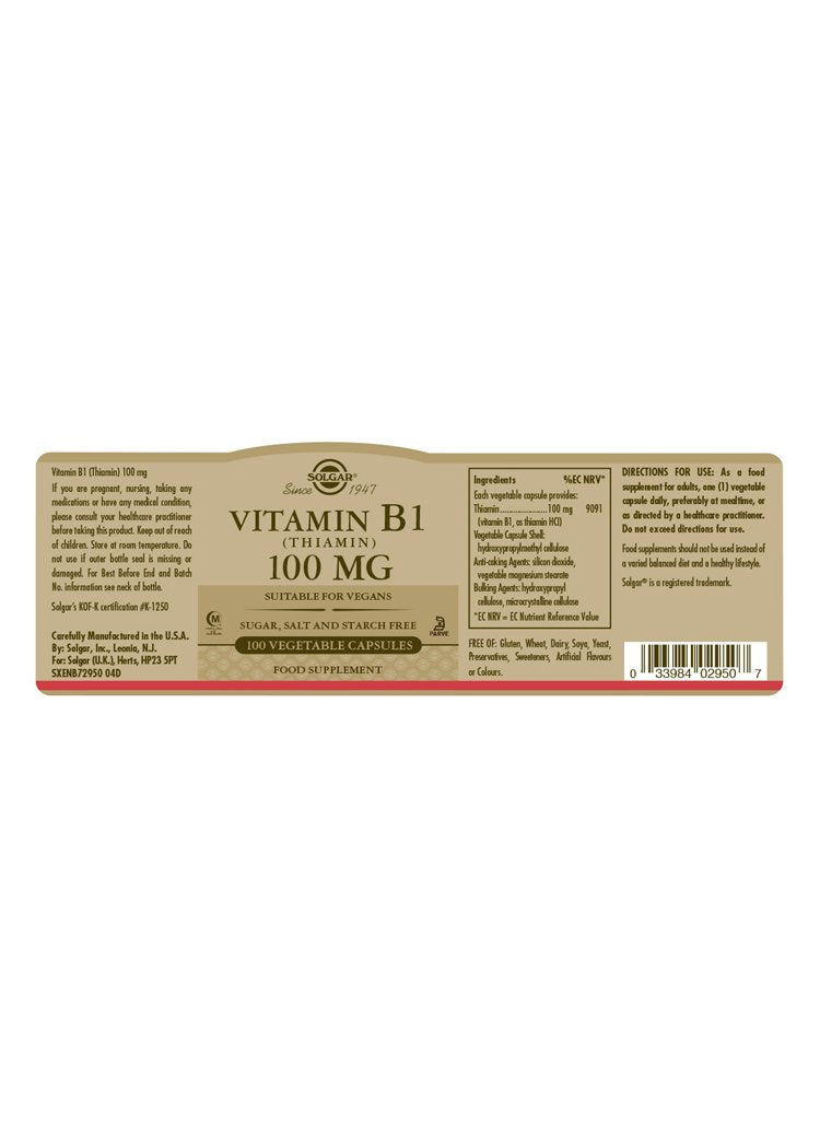 Solgar Vitamin B1 100 mg (Thiamin) Vegetable Capsules
