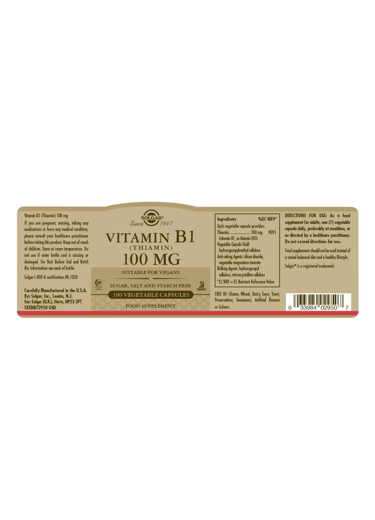 Solgar Vitamin B1 500 mg (Thiamin) Tablets