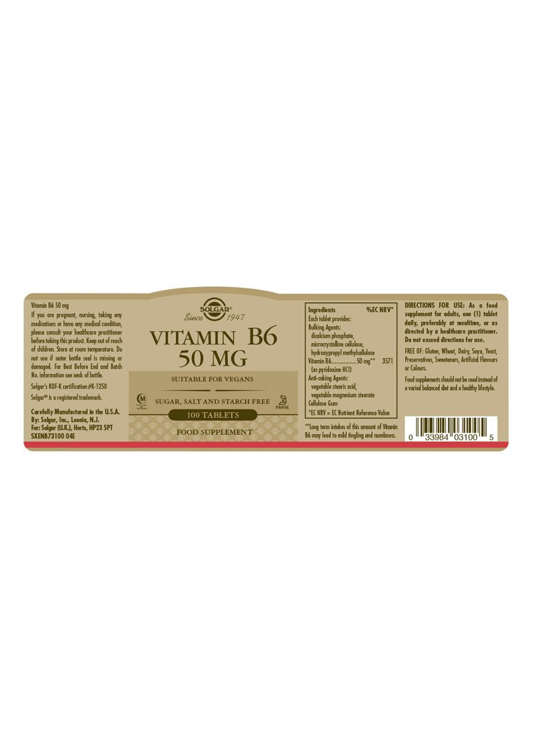 Solgar Vitamin B6 50 mg Tablets