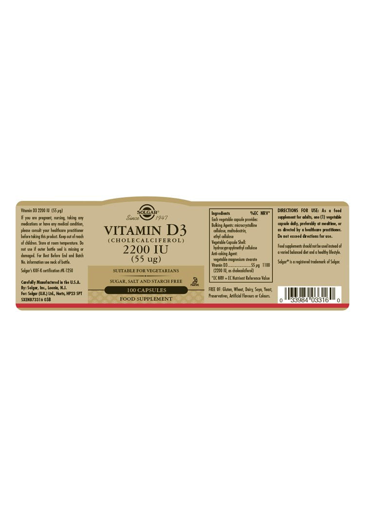 Solgar Vitamin D3 2200 IU (55 «µg) Vegetable Capsules