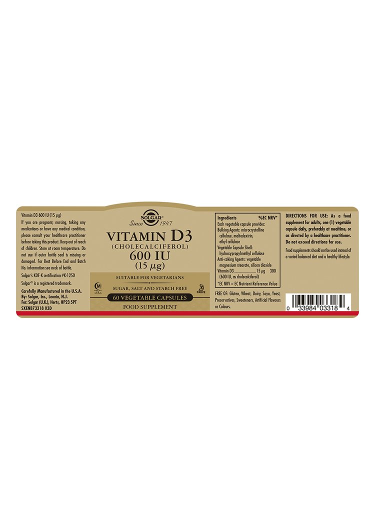 Solgar Vitamin D3 600 IU (15 «µg) Vegetable Capsules