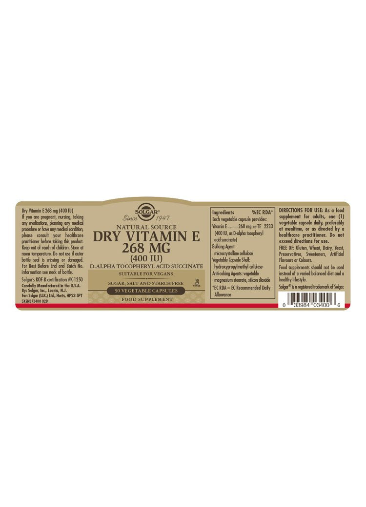 Solgar Dry Vitamin E 268 mg (400 IU) Vegetable Capsules