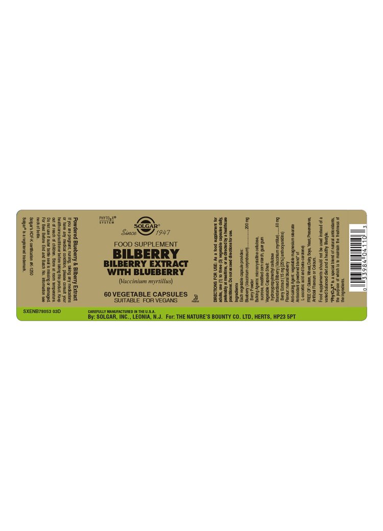 Solgar Bilberry Berry Extract with Blueberry Vegetable Capsules