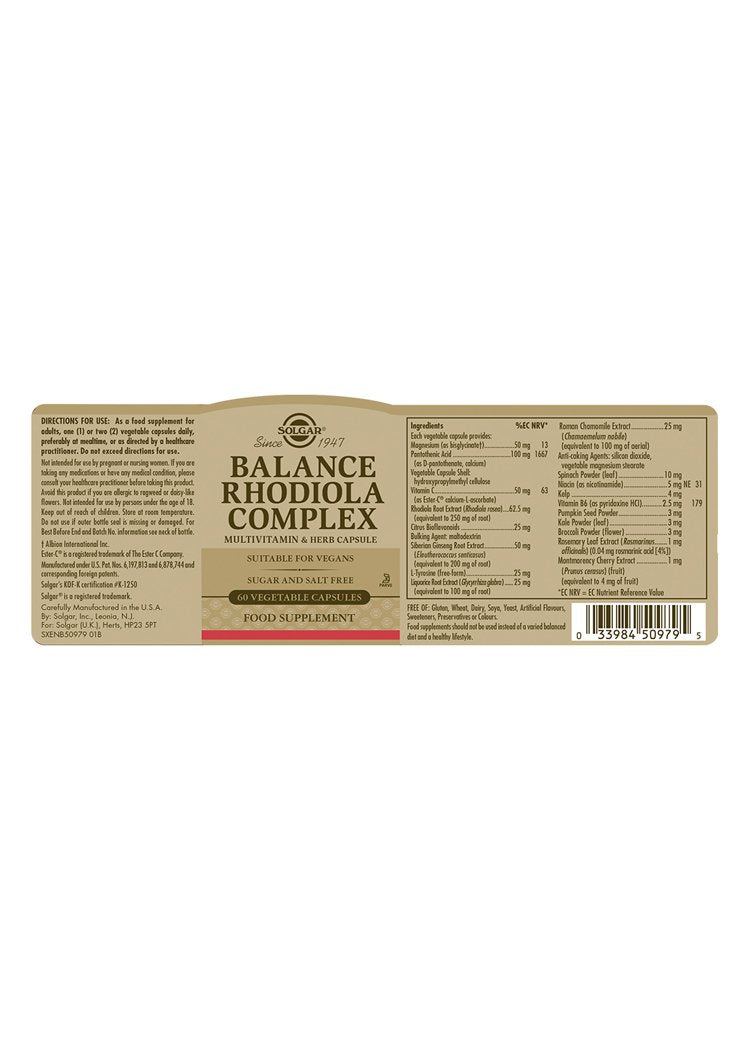 Solgar Balance Rhodiola Complex Vegetable Capsules
