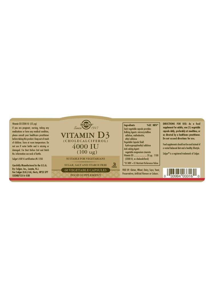 Solgar Vitamin D3 4000 IU (100 «µg) Vegetable Capsules