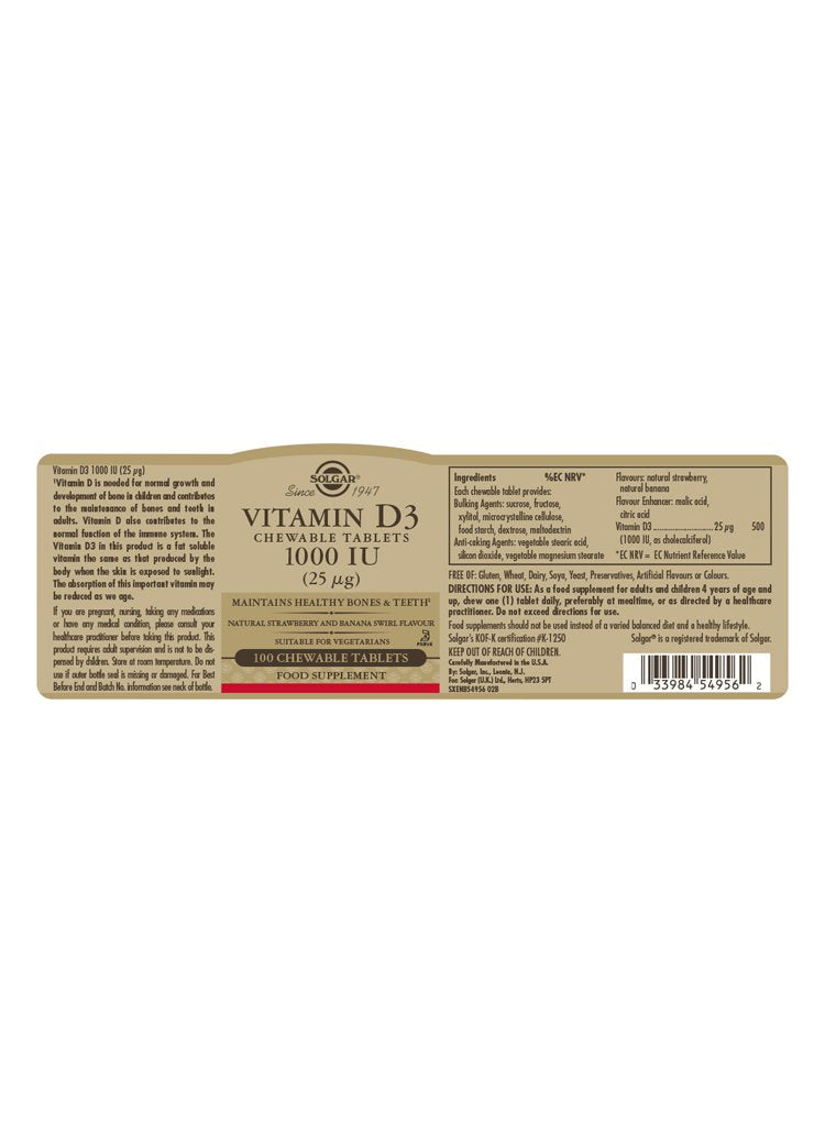 Solgar Vitamin D3 1000 IU (25 ug) Chewable Tablets