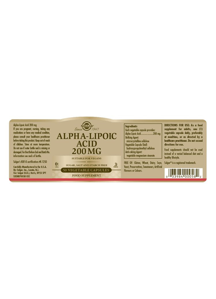 Solgar Alpha Lipoic Acid 200 mg Vegetable Capsules